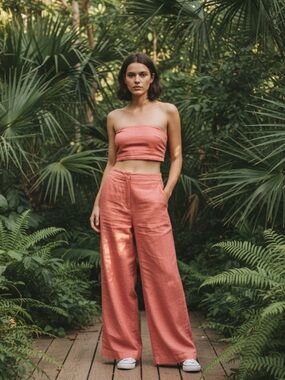 HYFVEHigh-Waist Wide Leg Pants set in Coral Pink Linen